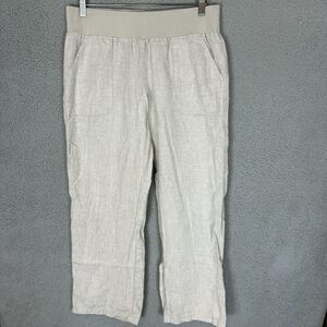 Allen Allen Pants Womens Petite Medium Beige Pull On‎ 100% Linen Straight Leg